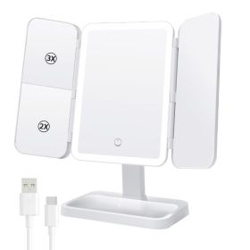 Makeup mirror, 360Â° rotatable, 1/2/3 times magnification, three lighting options, a great gift for women on their birthdays (Color: White)