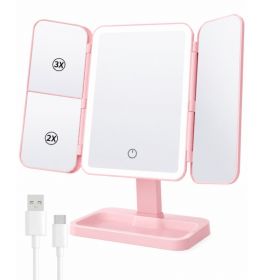 Makeup mirror, 360Â° rotatable, 1/2/3 times magnification, three lighting options, a great gift for women on their birthdays (Color: Pink)