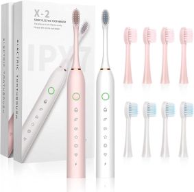 2 Pack Sonic Electric Toothbrush for Adults and Kids, Rechargeable Electric Toothbrushe with 8 Brush Heads, 6 Modes, 2 Minutes Smart Timer (Color: White+Pink)